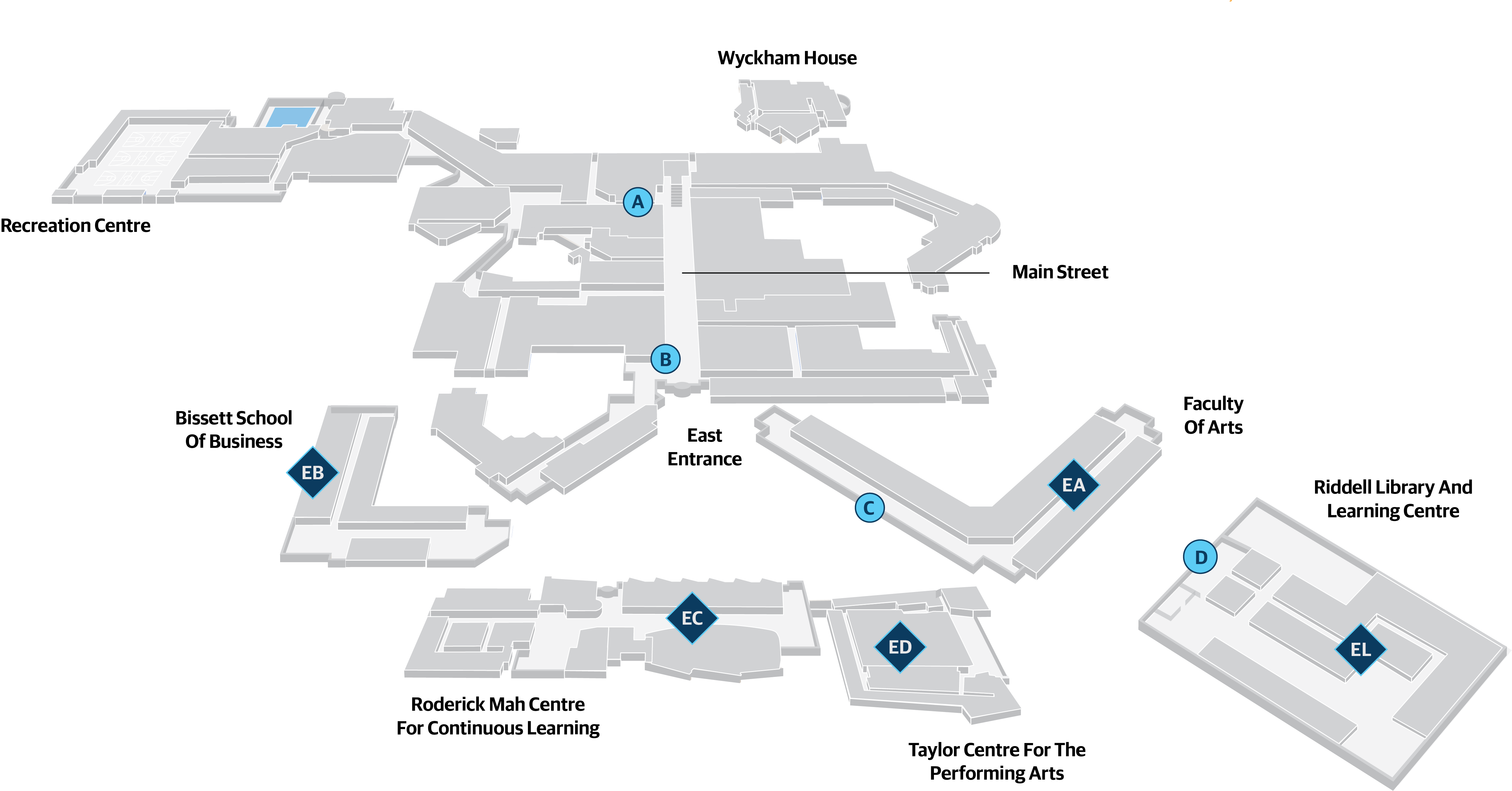 Map of the first floor of campus, with food vendors marked.