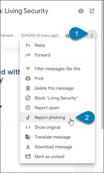 Click the three dots in the upper right corner and select Report phishing
