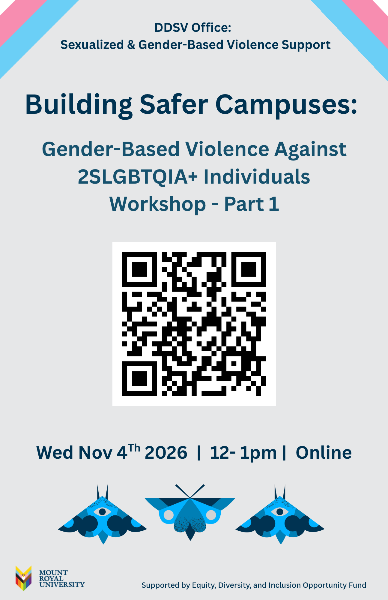 Poster showcasing an upcoming event focused on gender-based violence toward 2SLGBTQIA+ communities on Nov 4th from 12pm to 1pm online.