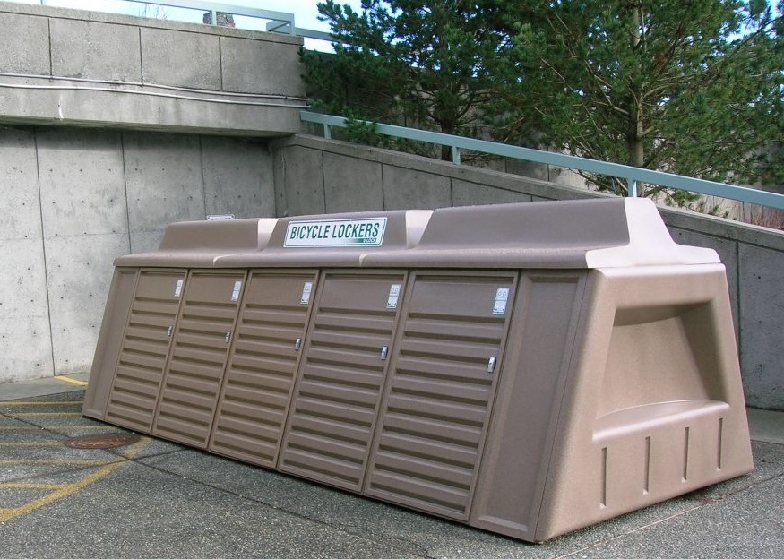 A bike locker (Pedalpods) is a unique wedge-shaped locker where bicycles can be stored more securely.