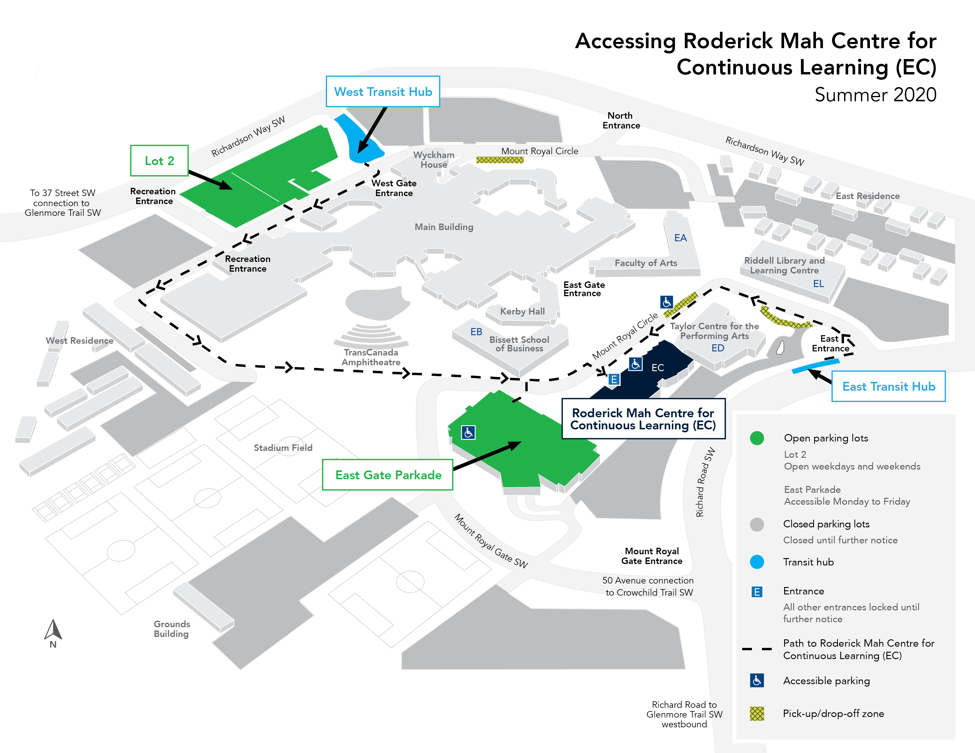 A map of campus with the East and West Transit Hubs, Lot 2, the East Gate Parkade, and the Roderick Mah Centre for Continuous Learning highlighted.