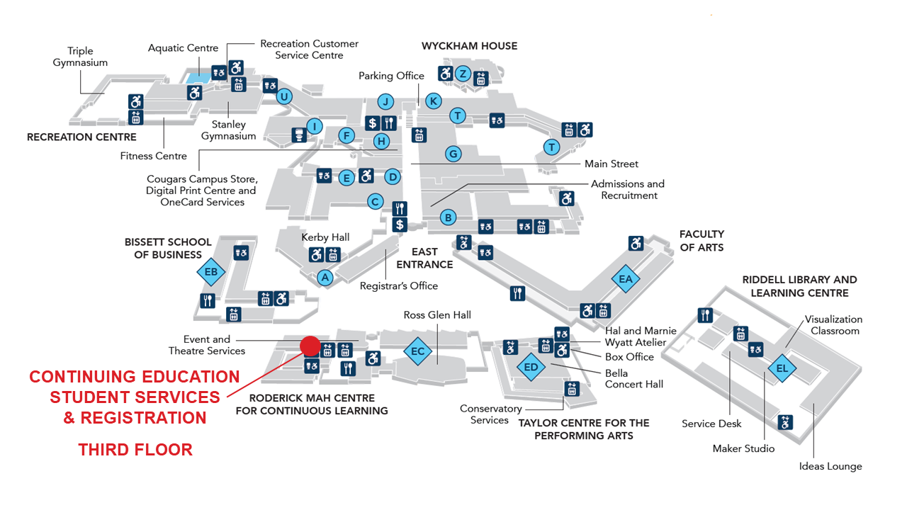 Map of campus with Continuing Education registration marked in the Roderick Mah Centre for Continuous Learning.