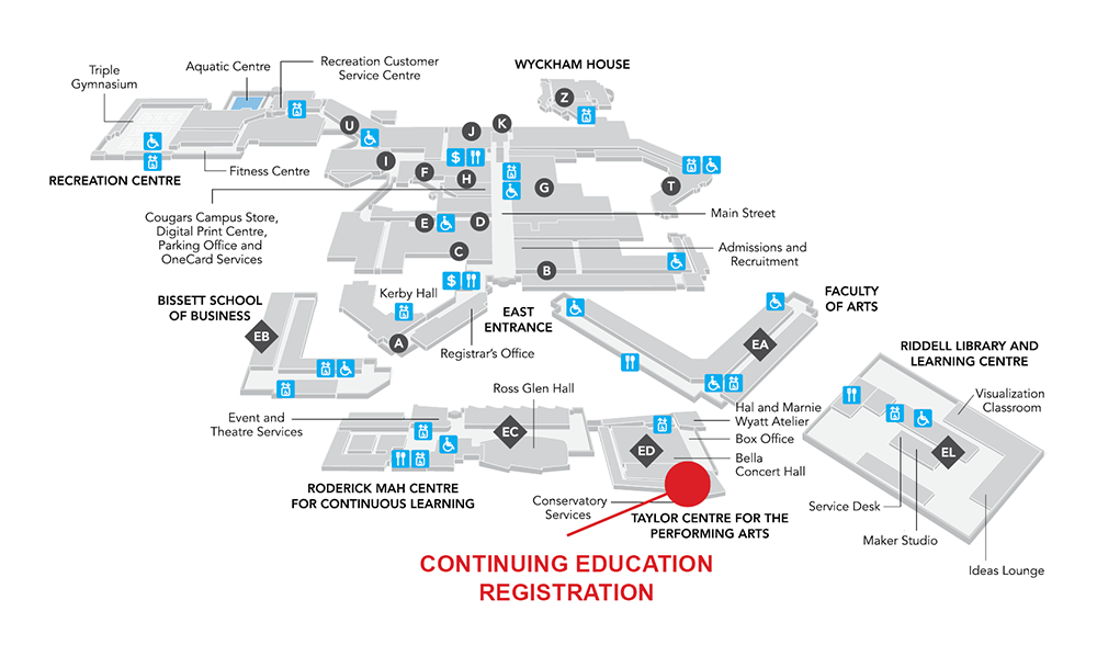 Map of campus with Continuing Education registration marked in the Roderick Mah Centre for Continuous Learning.