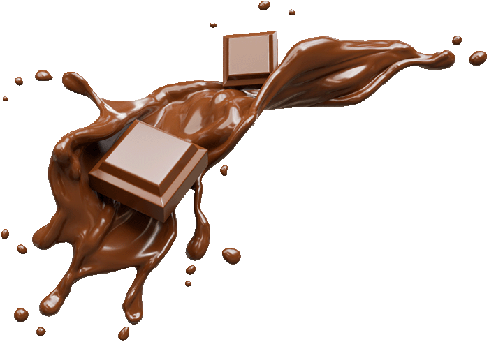 Pieces of chocolate in a splash of liquid chocolate.