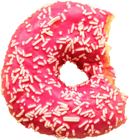 A doughnut covered in pink icing and sprinkles with a bite taken out.