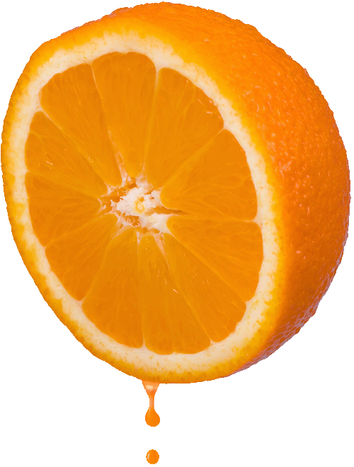 A halved orange dripping juice.