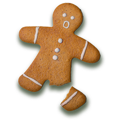 A gingerbread man with his leg snapped off.