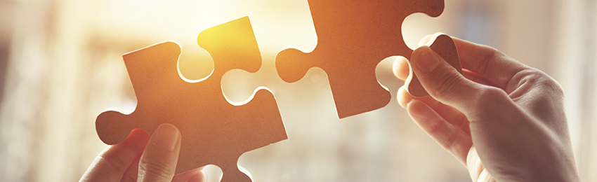 Hands holding up two puzzle pieces.
