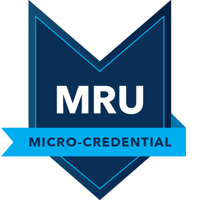 A generic microcredntial badge that is a navy blue chevron with a bright blue ribbon.