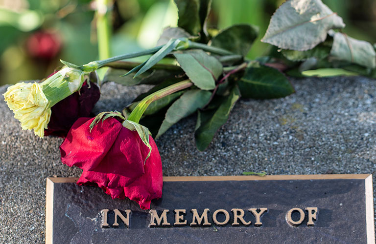 A rose on a headstone that reads 'In Memory Of'