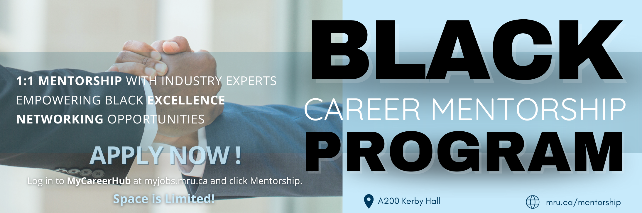 The design features a blue gradient background with a dotted pattern on the right side. On the right side of the poster, there is a professional image of a man and a woman dressed in business attire, standing confidently with arms crossed.