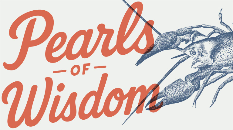The words 'Pearls of Wisdom' on top of an vintage-style illustration of a lobster.