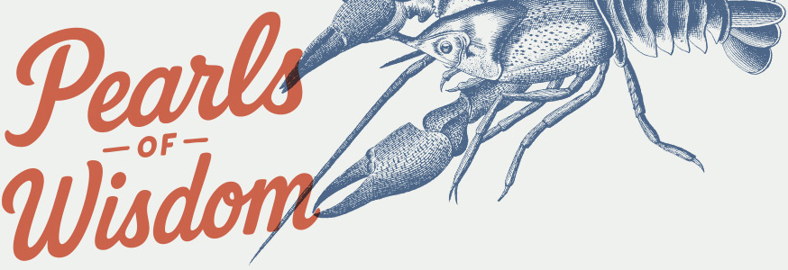 The words 'Pearls of Wisdom' on top of an vintage-style illustration of a lobster.
