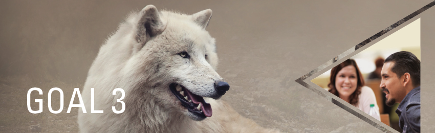 A white wolf partially covered with a geographic design and a photo of two indigenous students