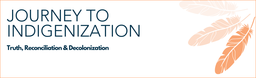 Box with 3 orange feathers on right hand side and an illustration of a feather. The words "Journey to Indigenization. Truth, reconciliation and decolonization."