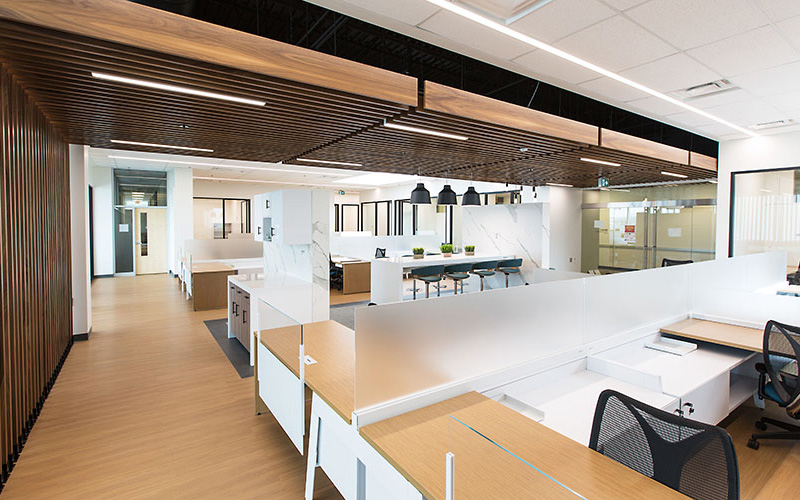 A bright modern workspace that has lots of wood and white surfaces.