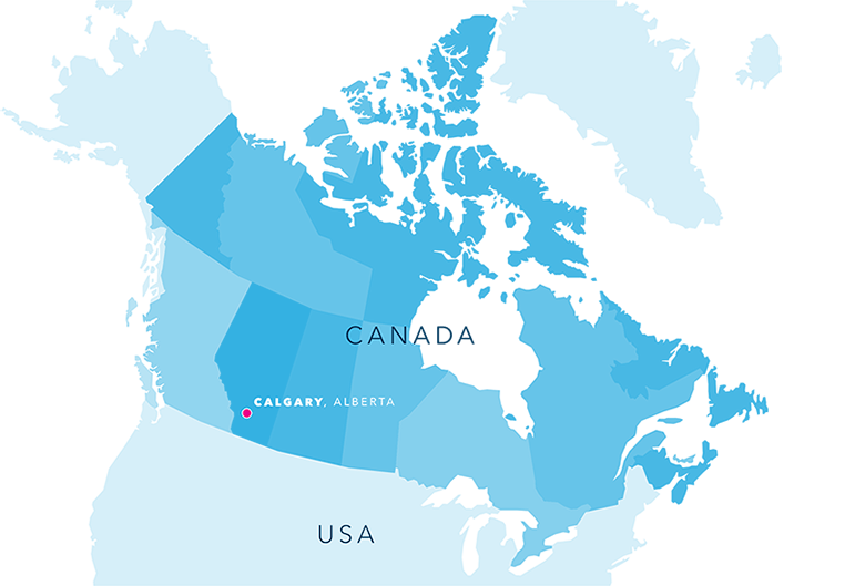 Simple map indicating Calgary's location within the vicinity of Canada and USA