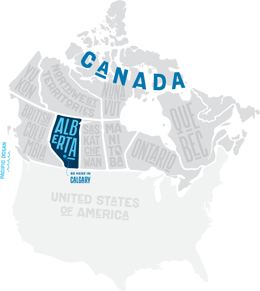 Map of North America, with Canada and its provinces marked out and Calgary identified in the province one away from the West Coast