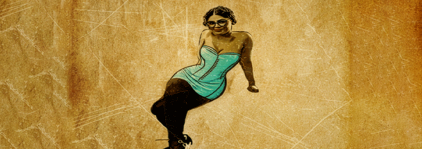 An illustration of a woman dressed in a vibrant blue dress smiles warmly, embodying elegance and charm.