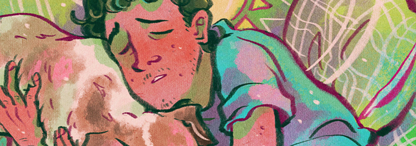 Alex Assan embraces a dog in a vibrant, colorful painting, showcasing warmth and affection between them.
