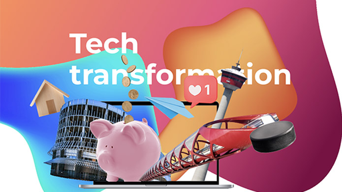 A collage of coloured blob shapes, a bridge, a piggybank and the words 'tech transformation'