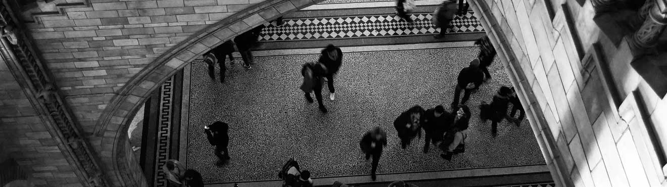 A group of people framed by a stone staircase.