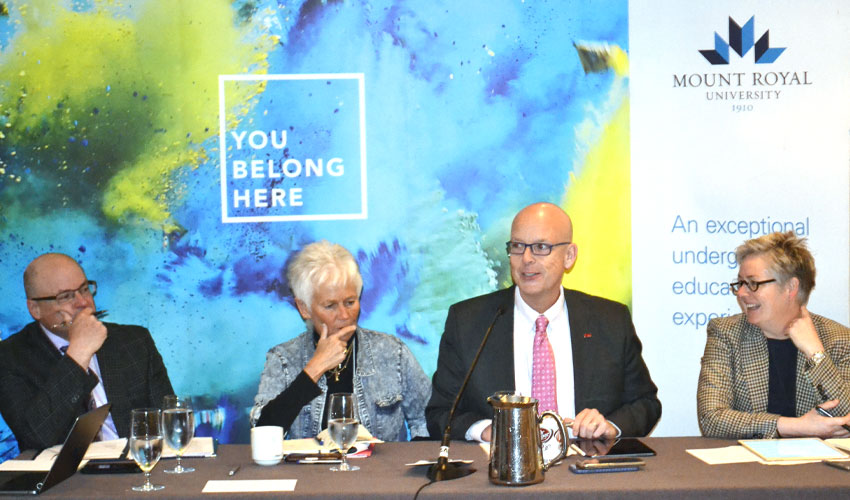 From left: Alan Fedoruk, PhD, chair of Mathematics and Computing at MRU; Terry Chapman, PhD, Interim VP Academic, Medicine Hat College; Tim Rahilly, PhD, President, MRU; Lesley Brown, PhD, Provost, MRU.