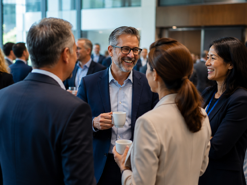 A group of business professionals engaged in a discussion at a networking event, exchanging ideas and insights.