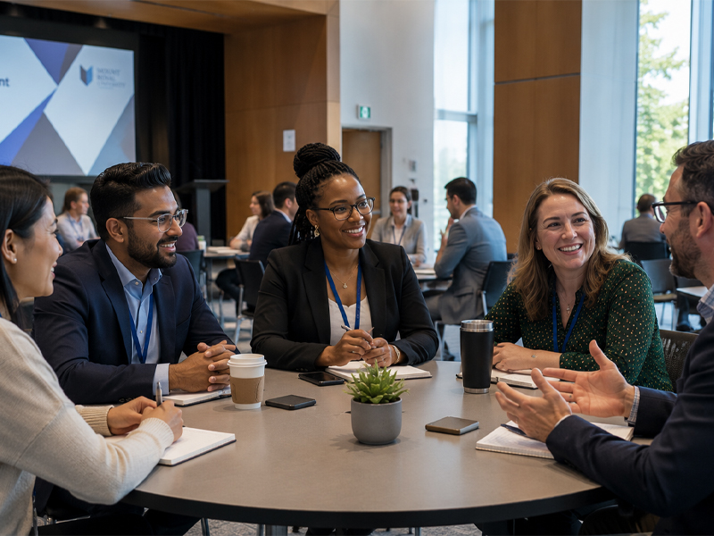 A group of professionals seated around a conference table engaged in discussion.