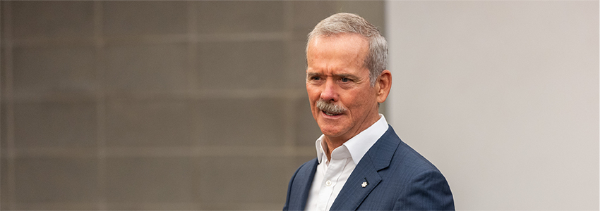Chris Hadfield speaking to an audience of close to 400 Mount Royal students, employees, faculty and community members.