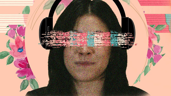 Cover art for Static: A Party Girl’s Memoir showing a woman's face wearing headphones with pink and blue scribbles over the eyes.