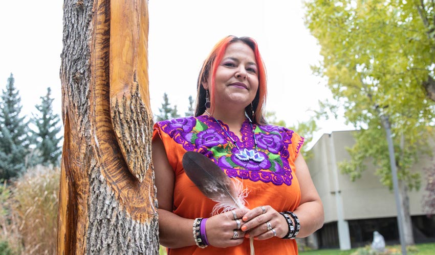 Carmela Amoroso arranged for an artist from Tsuut'ina to carve large feathers into the trunks of trees damaged during the September snowstorm in 2014.
