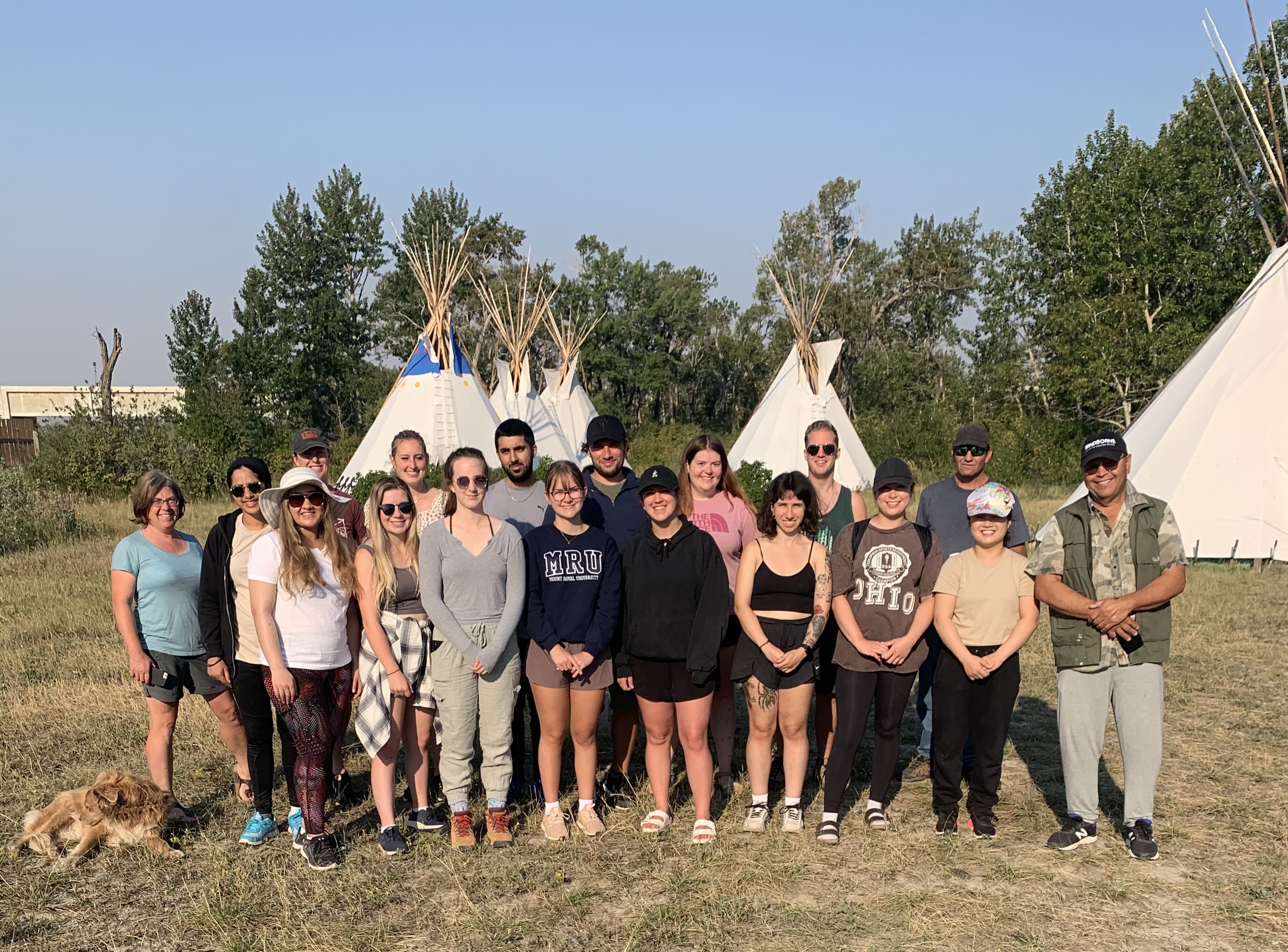 Group picture of the entire class on the last day with Harley, our guide at Tipi camp, and Guy, who helped with the maintenance at camp. 