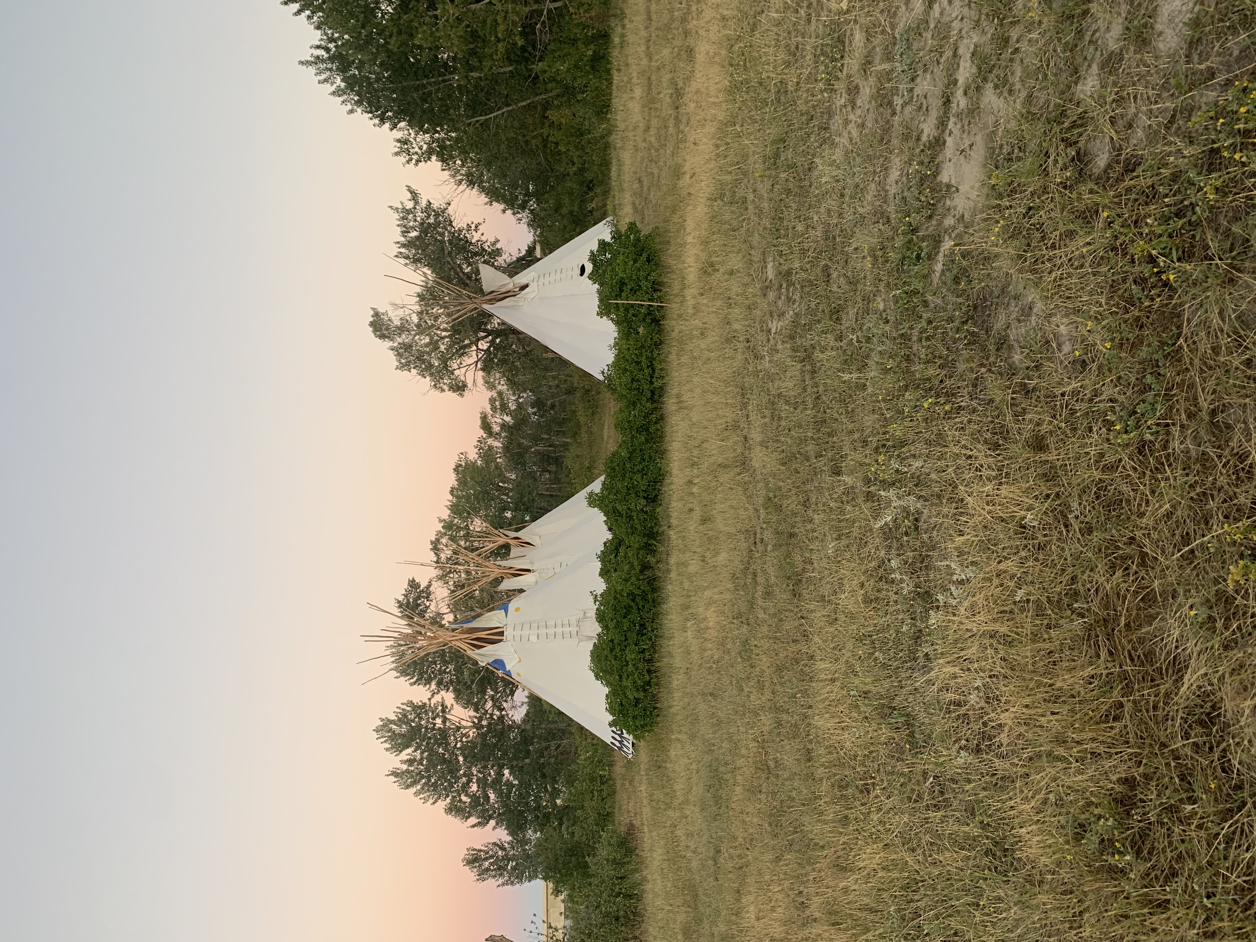 A small collection of tipis in the midground in the early morning light.