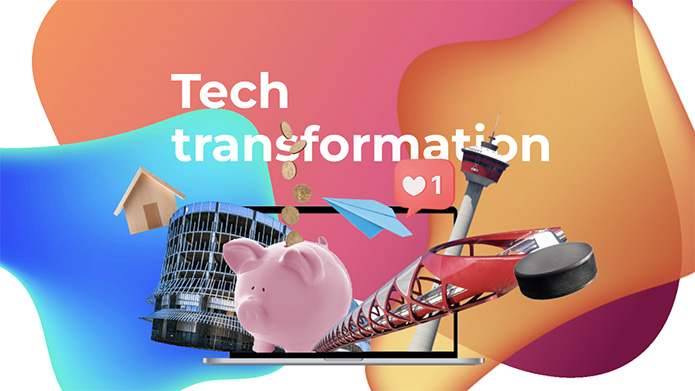 A laptop with a hole where the screen should be has images of a bridge, a tower, a hockey puck, a paper airplane, a sports stadium and a piggy bank popping out.