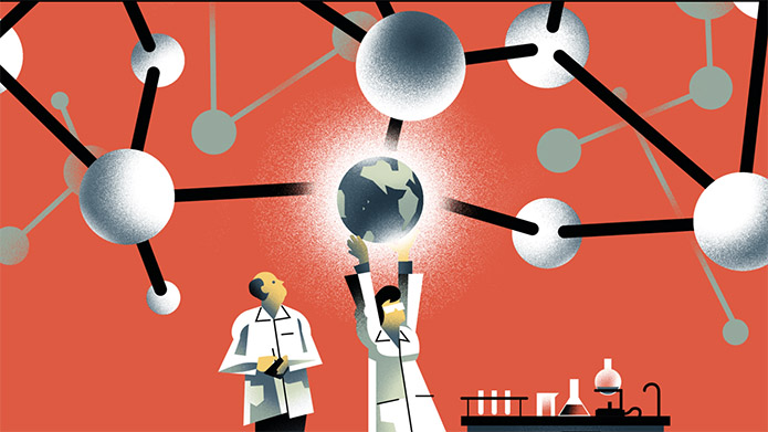 Illustration of two people in white lab coats looking at a globe