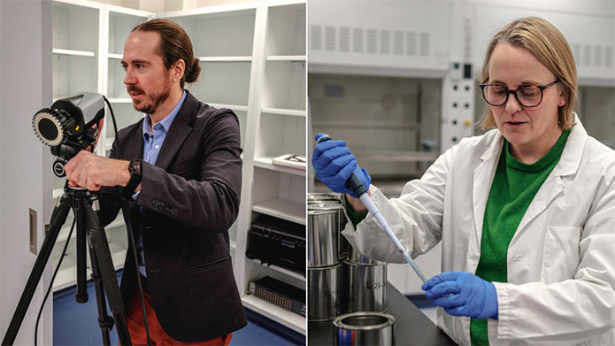 Split photo showing Dr. Michael Asmussen, PhD, standing in the new Foot-Ankle Stability Lab and Dr. Gwen O'Sullivan, PhD, standing in the new Environmental Forensics and Arson Lab.