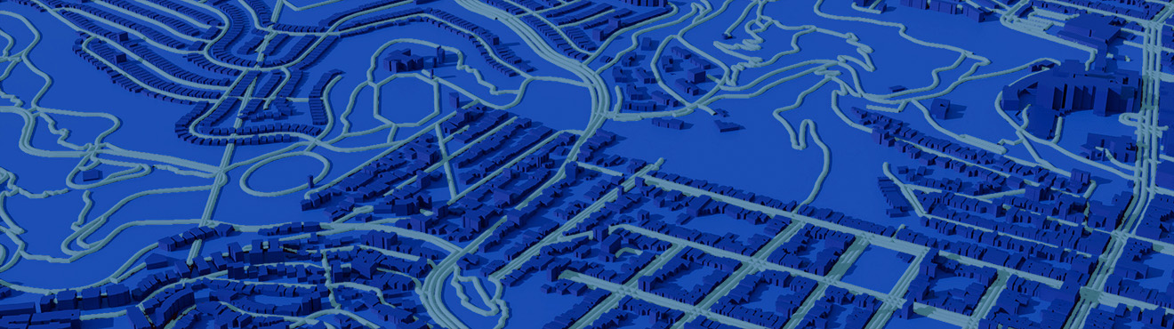 Blue 3D model of a city with roads and paths marked out in mint green lines.