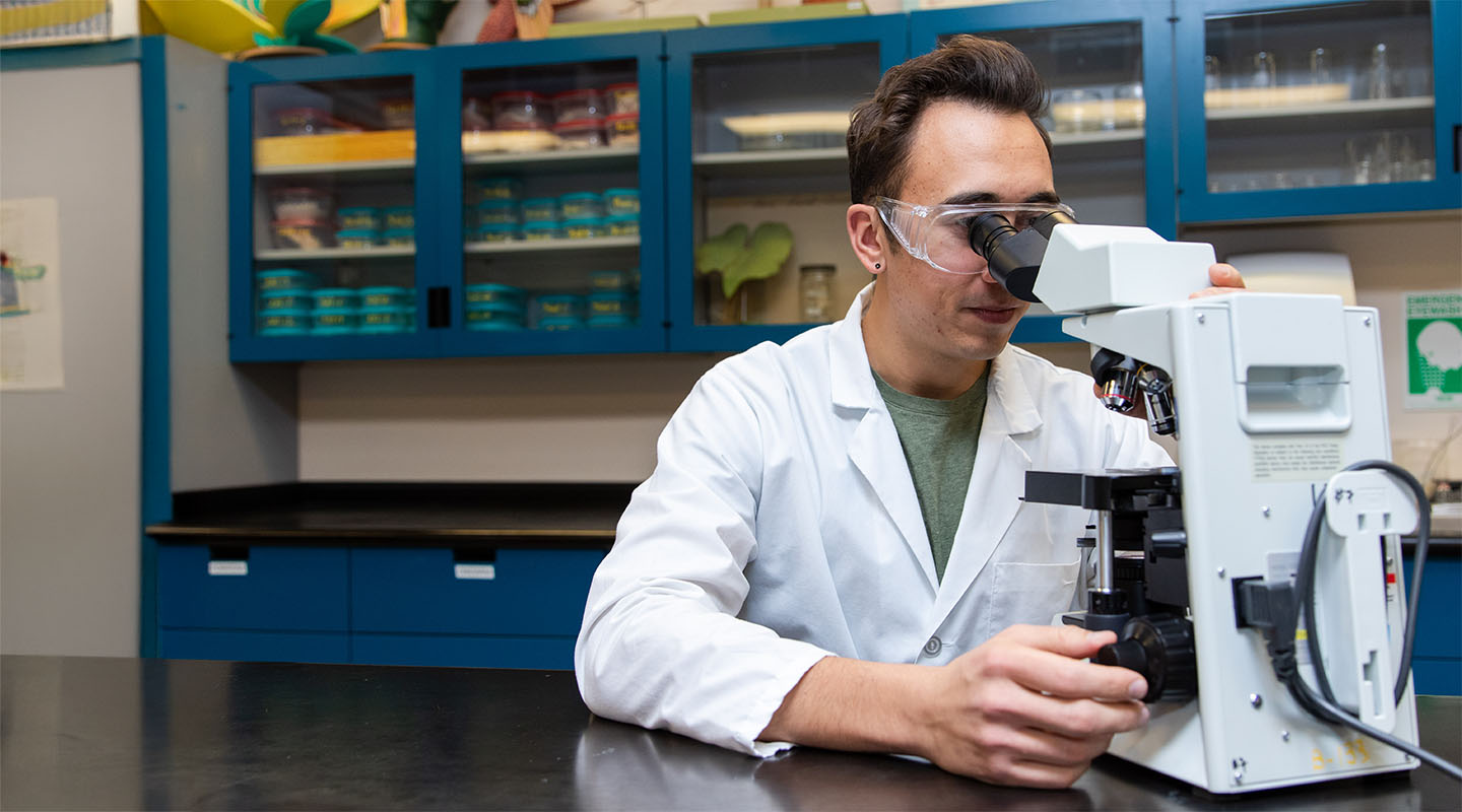 A student in a lab using a microscope to review a sample.
