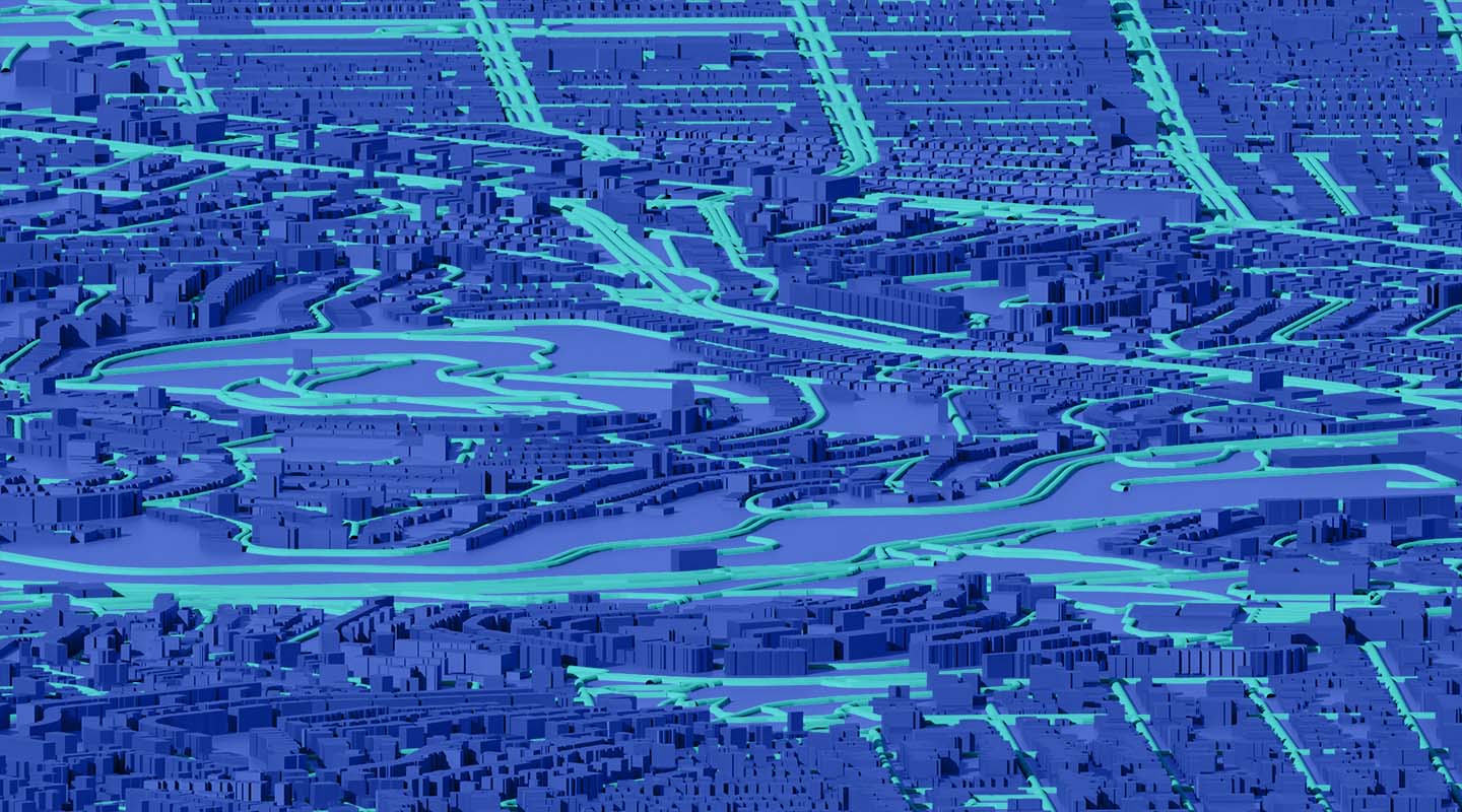 Blue 3D model of a city with roads and paths marked out in mint green lines.