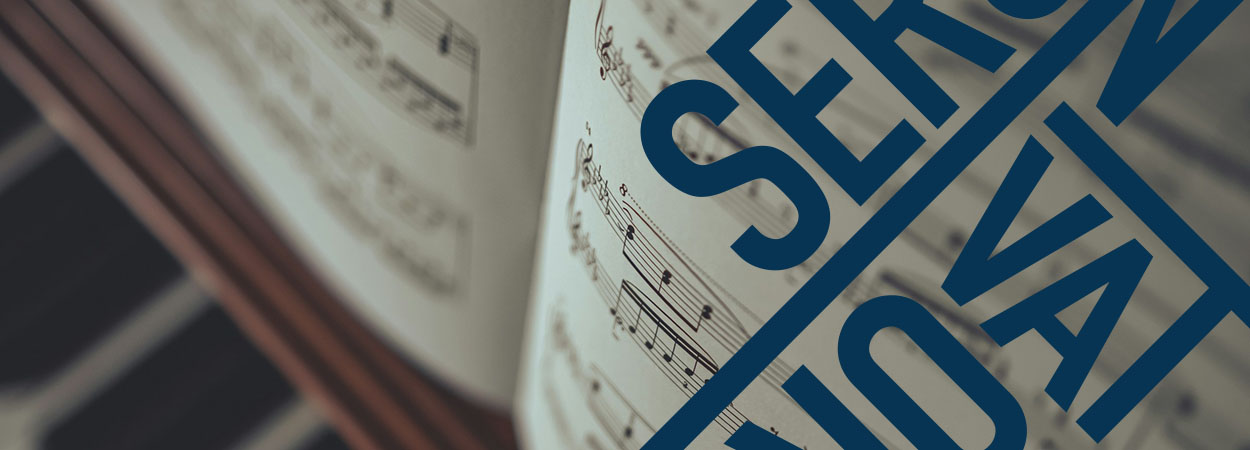 Sheet music on the stand of a piano and The Conservatory wordmark angled over the image.