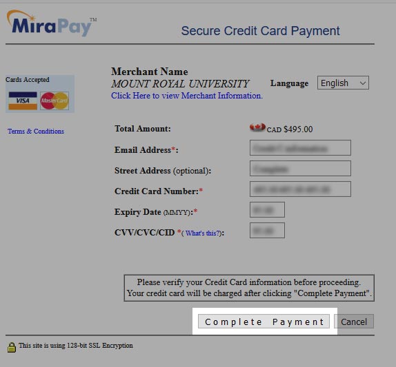 Image of Secure Credit Card Payment page with 'Complete Payment' button highlighted