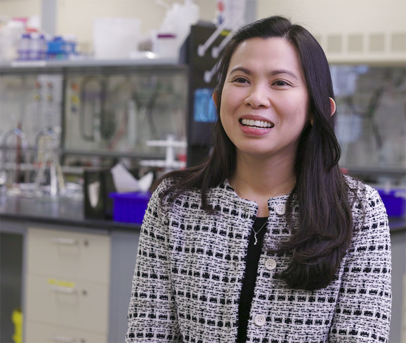 Dr. Jeella Acedo, PhD, in a lab at Mount Royal University.