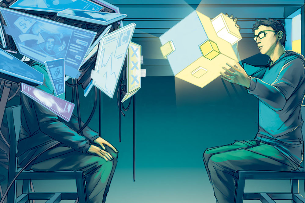 Two individuals seated in chairs, one is focused on a computer positioned between them and the other is surrounded by screens.