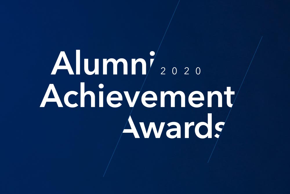 A subtle navy to royal blue gradient with the words Alumni Achievement Awards and angled lines