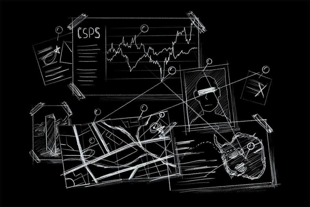 A sketchy illustration of a bunch of notes and charts and graphs in white all pinned to a black background. Strings connect the notes by their pins.