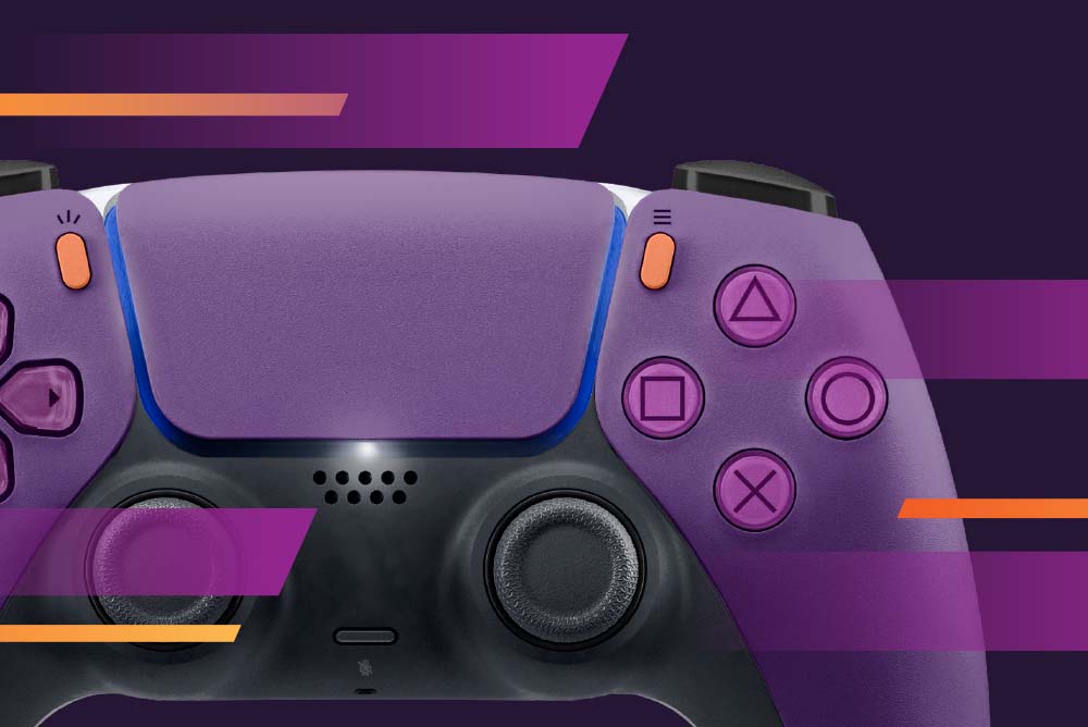 A top down photo of a purple PlayStation 5 controller with angled purple and orange lines overlayed on top.