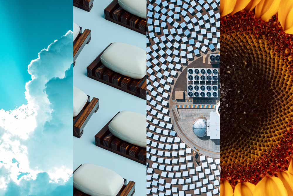 An image split into four: one photo of clouds in a blue sky, one of bars of soap on soap dishes, one of an aeriel photo of a solar farm and one of a close-up sunflower.