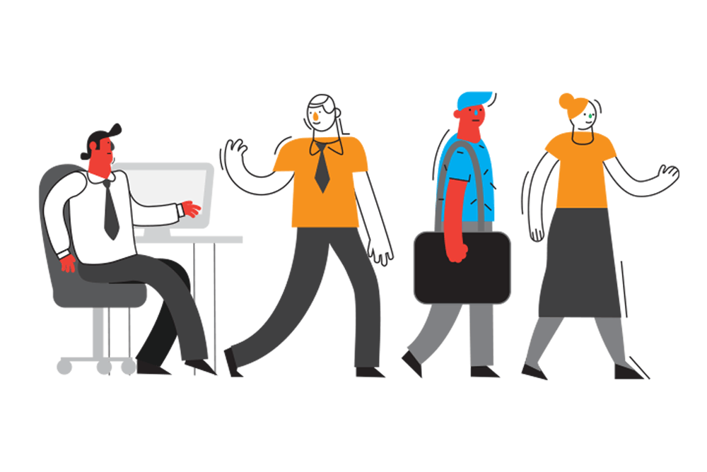 Simple, unshaded, cartoony computer illustration of professionally clothed people. The people are made up of solid blocks of colour and lines drawn over the colour blocks. One is at a desk, and three people are walking nearby.