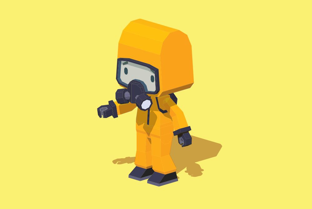 An isometric, blocky illustration of a person in a brightly coloured hazmat suit.